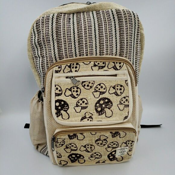 Mushroom Laptop Backpack Travel Bag Lightweight Himalayan Hemp Neutral Stripe - Picture 2 of 16